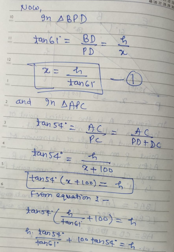52 Now, 10 In ABPD I tan61 BD = h tan6i z and In DAPC tan 54 = AC Z. AC. mondoh to al Pc A to PD + DO tans to north no x+10