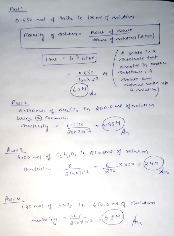 Part 1 0.650 mol of Balla in 100 me of solvien Moler of bohate Volume of solution (entre) Marcity of solution = 0.650 M 100x1