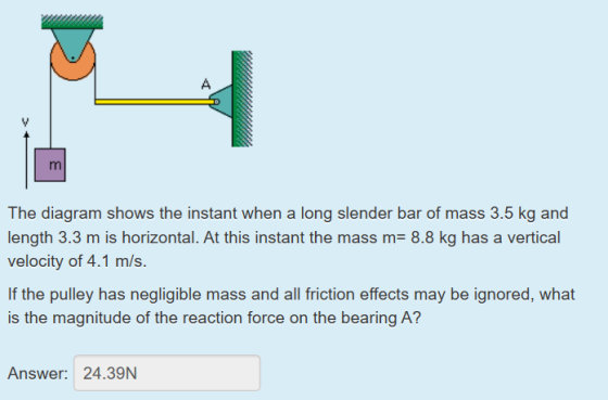 The diagram shows the instant when a long slender bar of mass 3.5 kg and length 3.3 m is horizontal. At this instant the mass