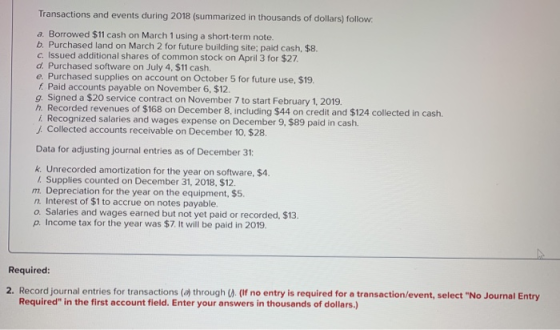 Transactions and events during 2018 (summarized in thousands of dollars) follow a. Borrowed $11 cash on March 1 using a short
