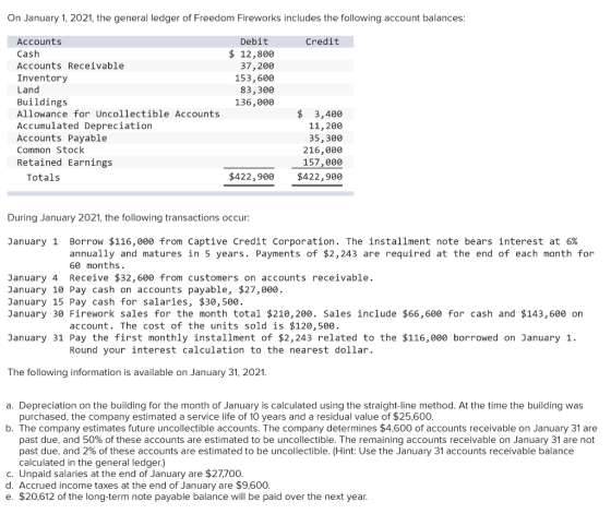 On January 1, 2021, the general ledger of Freedom Fireworks includes the following account balances: Credit Debit $ 12,800 37