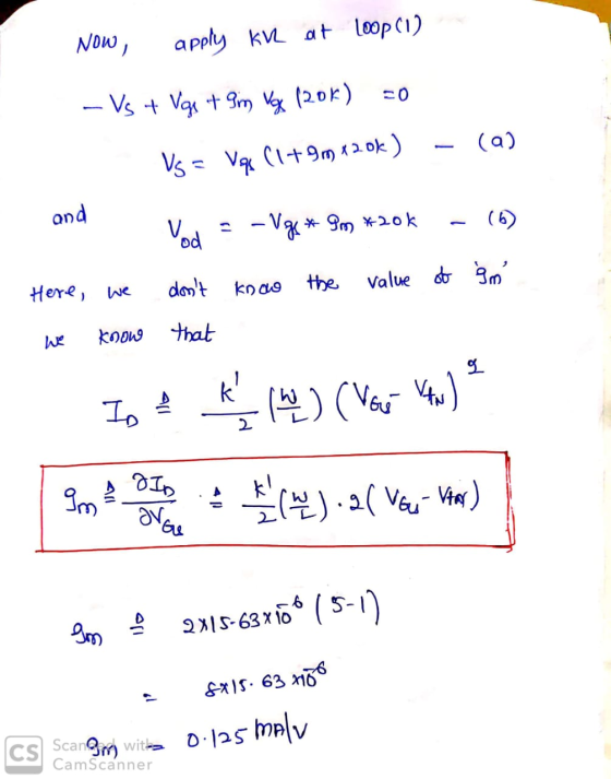 Now, apply KvL at Loop (1) - Vs + Vgx + 3im Vox (206) 20 Vs = Vyk (1+9m 420k) and Vad - – Vg4* 9 *20% - (a) - (6) Here, we do
