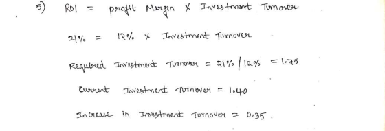 - 5 Rol = profit Margen y Investment Turnover . 21% = 12% * Investment Turnover - Required Investment Turnover = 21% 12% = 1.