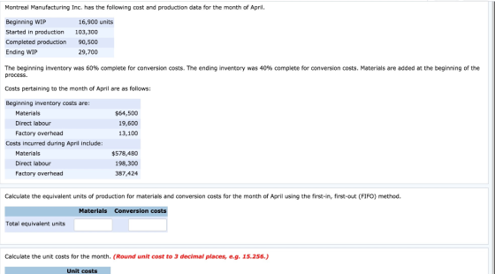Montreal Manufacturing Inc. has the following cost and production data for the month of April. Beginning WIP Started in produ