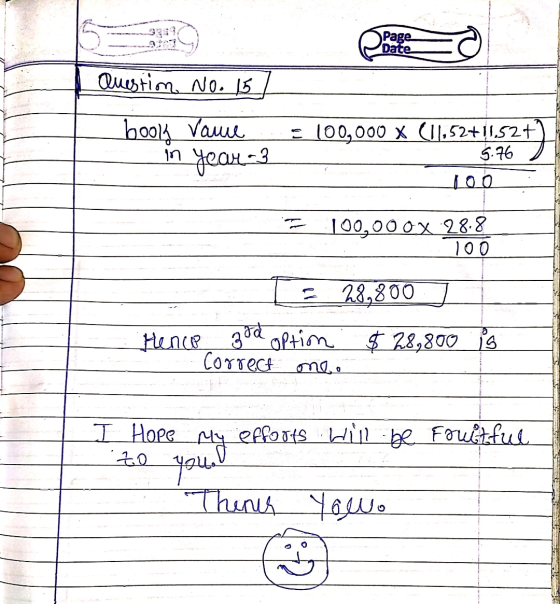 Page Date Question No. 15 hook Vane in year 3 • 100,000 X (11.52+11.52+ 5.76 joo 100,00 OX 288 100 E 28.800 Hence 3 to option