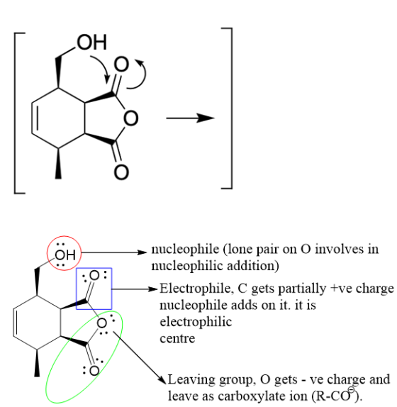 OH nucleophile (lone pair on O involves in nucleophilic addition) Electrophile, C gets partially +ve charge nucleophile adds