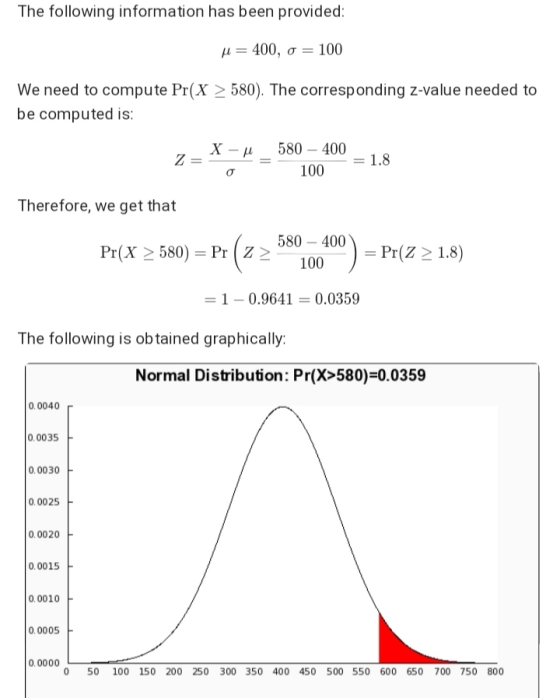 The following information has been provided: A = 400, J = 100 We need to compute Pr(x > 580). The corresponding z-value neede