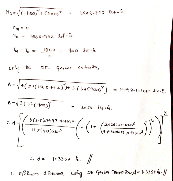 MB = √(- 11805+ (1180) 1668.772 lbf och. Mm=o Ma 1668.772 lbf.is Tm = Ta = 1800 900 lofoch. 2 using the DE- Gerber coiterion,