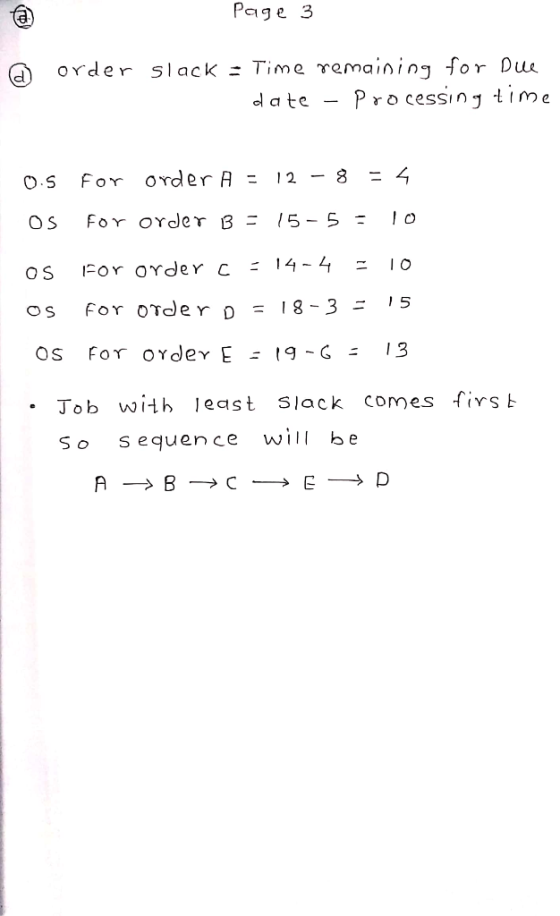 Page 3 @ order slack = Time remaining for Due date - Processing time 0.5 For Order A - 12 - 8 = 4 OS For Order B= 15-5 = 10 o
