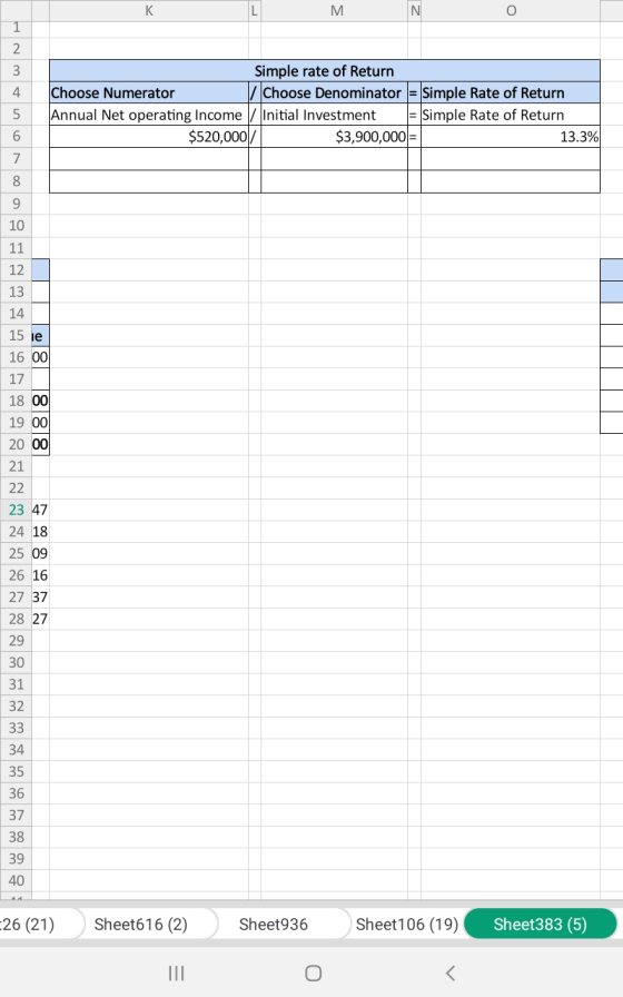 NO Simple rate of Return Choose Numerator \/Choose Denominator = Simple Rate of Return Annual Net operating Income / Initial