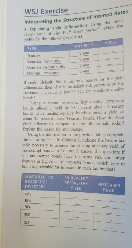 WSJ Exercise Interpreting the Structure of Interest Rates a. Explaining Yield Differentials Using the most recent issue of Th