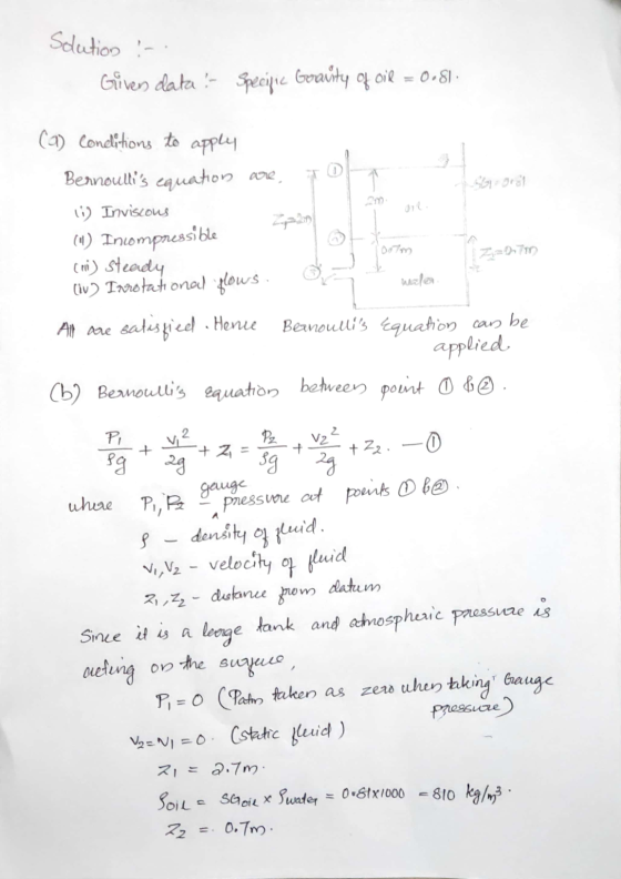 Solution :- Given data! Specific Gravity of oil = 0.81: (a) conditions to apply Bernoullis equation are (1) Inviscous (11) I