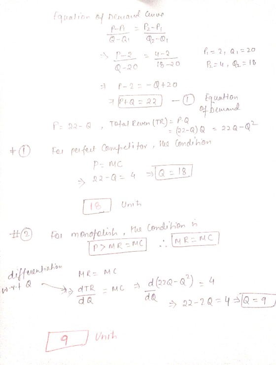 Equation of Demand Cemve P-li = P2 - Pi Q- Q! 02-04 P-2 - 4-2 0-20 18-20 P=2, Q1=20 P-4, 0, - 18 P-2 - +20 7 P+Q=22) - © Equa