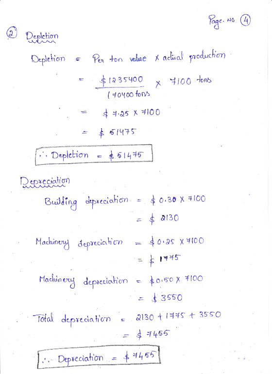 Page. No Depletion = Pen ton value X acual production $1235400 x 4100 tons 120400 tons = $7.25 x +100 = $ 51475 i Depletion =