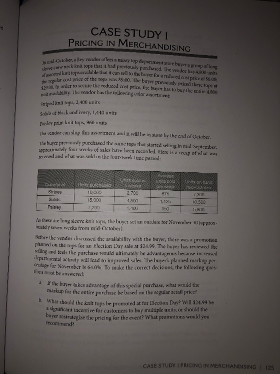 CASE STUDY PRICING IN MERCHANDISING In mid-October, a key vendor offers a missy top department store buyer a group of long sl
