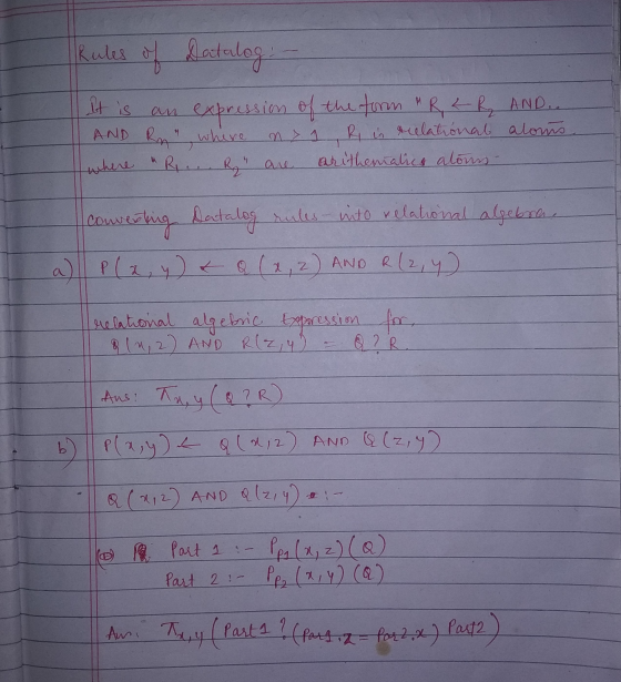 Rules of doctulog: - expression of the form R, 2₂ AND... AND Rn where R is relational aloms Luchere R. Ry are aritheniali