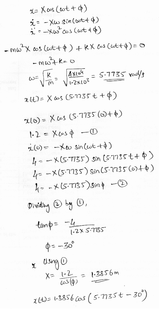 x= X cos (est + 4) i: - Xw Sin(utt$) - mw X cos lutt¢)+kX Cos (ott)= 0 muttk=o 4xl04 l-2XL03 = 5:7735 vads alt)= X cos (5-773