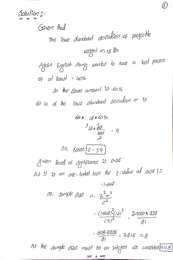 Solution Given that The Tove Jandard deviation of projechile weight Again English Amy wanted to have a test paesco of at leas