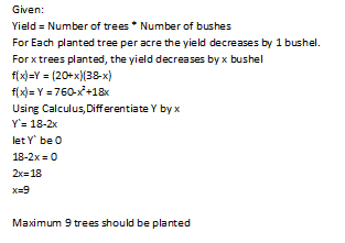 Given: Yield = Number of trees Number of bushes For Each planted tree per acre the yield decreases by 1 bushel. For x trees p