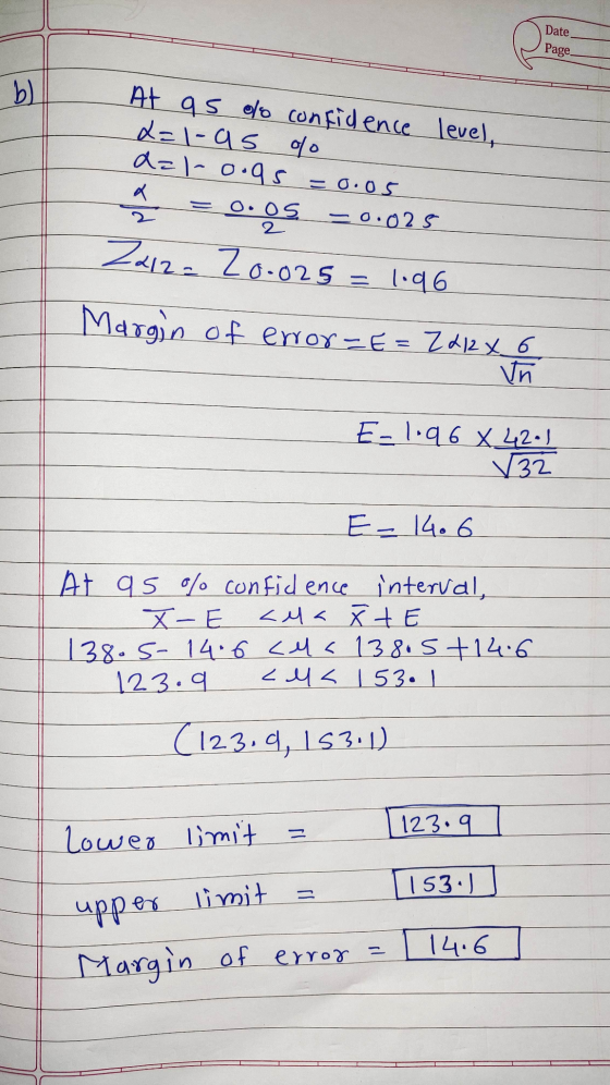 Date Page At as lo confidence level, x=1-95 olo d=1-0.95 = 0.05 ♡ = 0.05 = 0.025 Z 412= 20.025 = 1.96 un E- 1.96% 42 - 1 V32