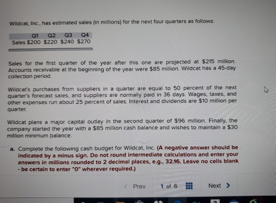 Wildcat, Inc., has estimated sales (in millions) for the next four quarters as follows: Q1 Q2 Q3 Q4 Sales $200 $220 $240 $270