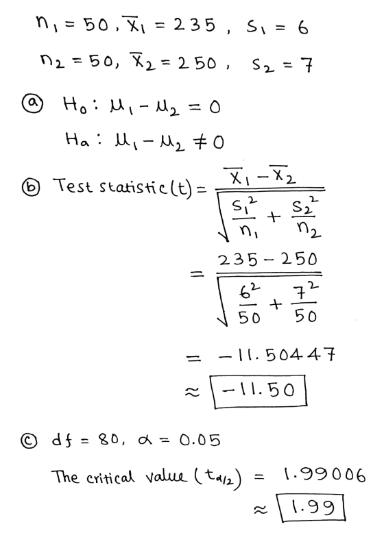 ni = 50, Xi = 2 35 , Si = 6 n2 = 50, K2 = 250, S2 = 7 (3 Ho : 1 - 2 = 0 Test Statistic(t) = Hail, -M₂ 70 Xi - X2 5,² S2 n2 23