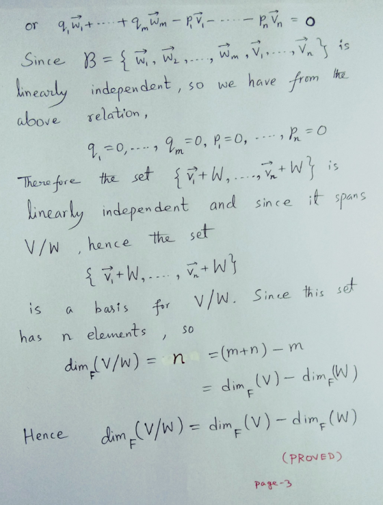 易り kneauly independent, so we have from above relation, mew Linear ly independent and since it span s V/w hence the set s a b