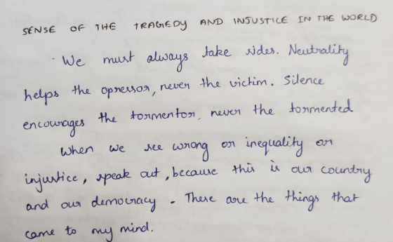 OF SENSE THE TRAGEDY AND INJUSTICE IN THE WORLD We must always take rides. Neutrality helps the opressor, never the victim. S