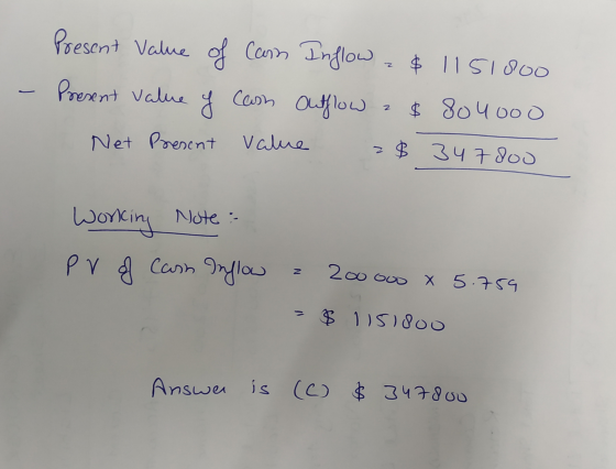 Present Value of can Inflow , & 1151800 Present value 8 g $ 8o4ooo Net Present Value $ 347 800 can Outflow N 2 Working Note :