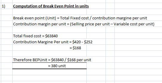 1) Computation of Break Even Point in units Break even point (Unit) = Total Fixed cost / contribution margine per unit Contri