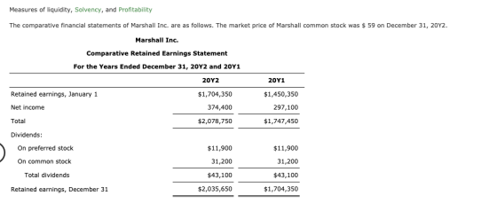 Measures of liquidity, Solvency, and Profitability The comparative financial statements of Marshall Inc. are as follows. The