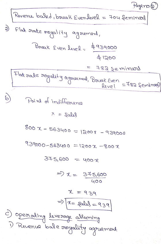 Pageno Revene baked, boreak Evenleved Fou Seminars 2 flat rate sroyality agrement, Break Even leved= $939000 $1200 782 Semina