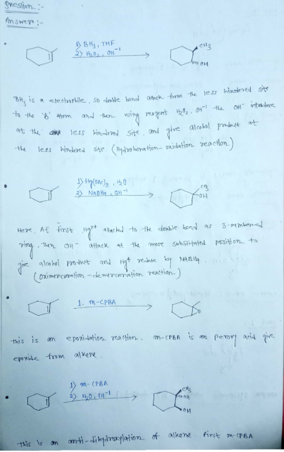guestion : Answer :- 1) B H₂, THE 27 H2O2, OH сH2 OH site bond attack the from less hindered SH₃ is so double a crectrophile