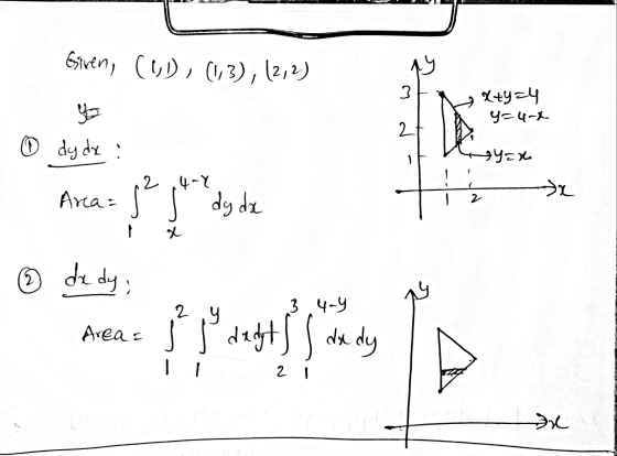 Giren, (), (1,3), (2, 2) 14 3 x+y=4 y=4-8 0 dy dx : Y=x - 2 4-Y x Area = je 2 dy da x 2 dedy, 3 4.4 Area = II dedyt dedyt ded