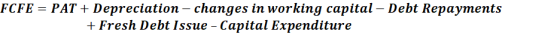 FCFE = PAT + Depreciation - changes in working capital – Debt Repayments + Fresh Debt Issue - Capital Expenditure