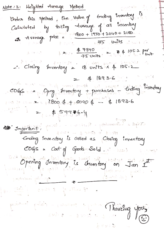 Note : 3) Weighted Average Method Under this method, the value of Ending inventory is Calwlated by taking Average of all inve