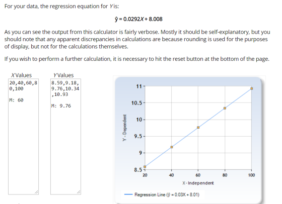 For your data, the regression equation for Yis: y = 0.0292X+ 8.008 As you can see the output from this calculator is fairly v