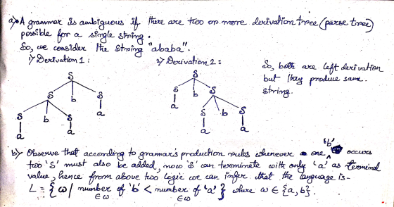 ato A grammar is ambiguous if there are thoo or more derivation tree (parse tree) possible for a single string: So, we consid