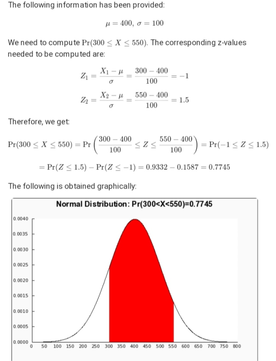 The following information has been provided: u = 400, 0 = 100 We need to compute Pr(300 < X < 550). The corresponding z-value