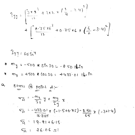 2 2 3.4) Iyy + 3x2 x 1 0.7586 s x6² +0.75*6* 6.3.4) 12 lyy: 65 int * my -500 * sin 300-250 lb.in my - +500 * (OJ 30 : +433:01