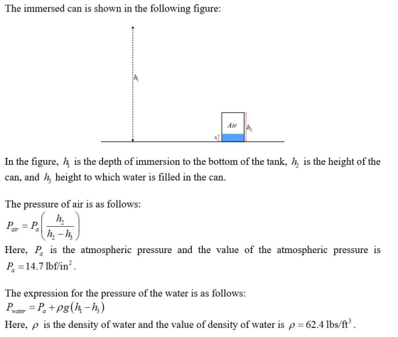 The immersed can is shown in the following figure: Air In the figure, h is the depth of immersion to the bottom of the tank,