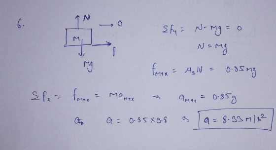 MO Sfy = N-mg = 0 N=mg fmax = M, N = 0.85mg fran = mamar & amar = 0.85g O a=0.85X9.8 & 9 = 8.33 M/82 TMIX Sfx