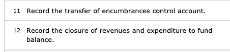 11 Record the transfer of encumbrances control account. 12 Record the closure of revenues and expenditure to fund balance.