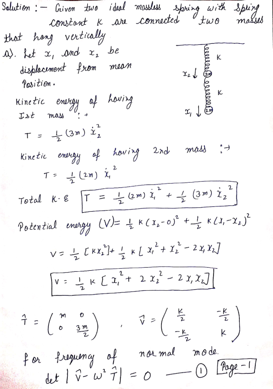 heleelle elules mass 2 T = 2 Solution - Griven two ideal mossless spring with spring constant k are connected two masses that