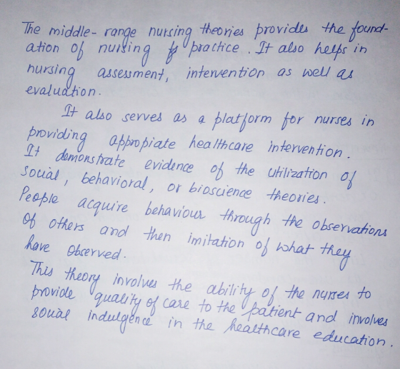 The middle- ronge nueing theories provids the found ation of nutin pratice Jt also hetbs hursing assessment, İntervention as