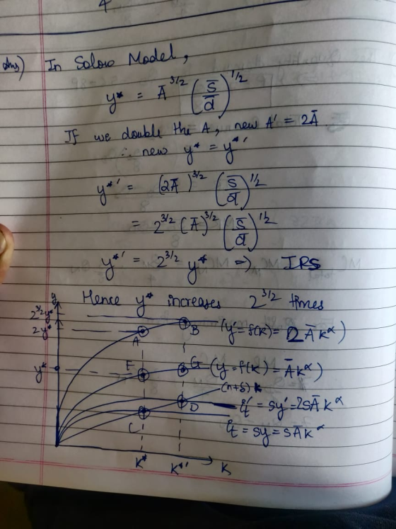 Ans) In Solow Model, If we double the A, new A = 24 - new yula (2) (a) yo = 222 * - IRS Hono * nereope 2 – 4ш - Og ly-sok)= Q