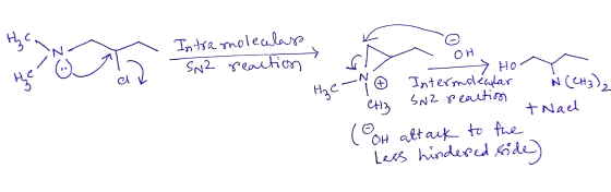 Intra molecular SNZ reaction ) Cura He- OH - Ho ~ N 0 Intermolecular N(CH3)₂ CHA SN2 Peaction T +Nael COOH attack to the Less