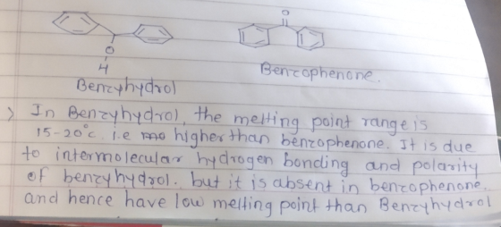 Bencophenone Benzyhydrol In Bency hydrol, the melting point range is 15-20°c. i.e mo higher than benzophenone. It is due to i