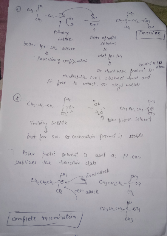 erg.de I - CH₂ - CHT-Br CH CH3 CHO - CH₂ - CHT Om CH primang halode inversion Polag apsotic solrent better for SN2 attack bon