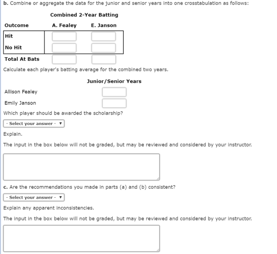 b. Combine or aggregate the data for the junior and senior years into one crosstabulation as follows: Combined 2-Year Batting A. Fealey Outcome Hit No Hit Total At Bats Calculate each players batting average for the combined two years. E. Janson Junior/Senior Years Allison Fealey Emily Janson Which player should be awarded the scholarship? Select your answerY Explain. The input in the box below will not be graded, but may be reviewed and considered by your instructor c.Are the recommendations you made in parts (a) and (b) consistent? Select your answer- Explain any apparent inconsistencies The input in the box below will not be graded, but may be reviewed and considered by your instructor